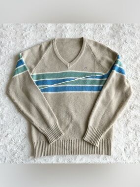 Vintage Ocean Pacific OP Sweater Mens Medium Beige Striped Surf Y2K 80s 90s READ